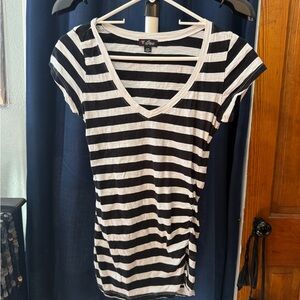 Guess Black and White Striped V-Neck Tee